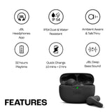 JBL Wave Beam, Écouteurs Intra-Auriculaires sans Fil, Résistance à l'Eau IP54 et IPX2, Appels Mains Libres et Batterie à Autonomie de 32 heures, en Noir