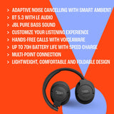 JBL Tune 770NC Casque supra-auriculaire sans fil, autonomie jusqu'à 70 h, Réduction de Bruit Adaptative, Smart Ambient, noir