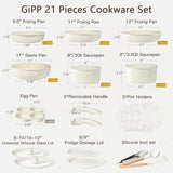 GiPP Ceramic Pots and Pans Set Non Stick, Nonstick Detachable Handle Cookware Sets, Healthy Non Toxic PFAS PFOA & PTFE Free, Dishwasher ＆Oven Safe, Induction Kitchen Pot and Pan, 21 Piece Cream